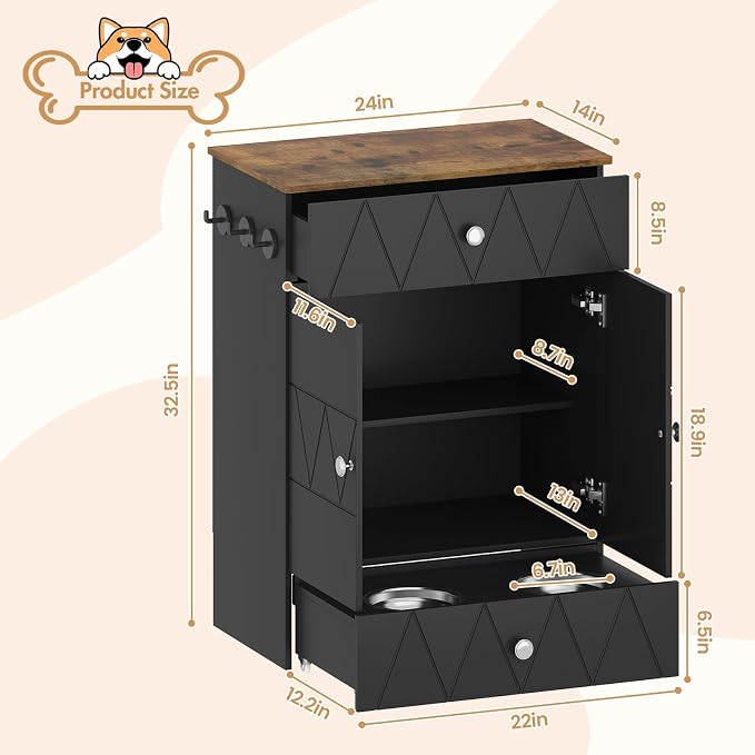 Pet Feeding Station with Storage, Raised Dog Bowls, Pet Feeder Cabinet, with Adjustable Shelves, Rolling Drawer, Hooks, for Feeding & Watering Supplies (Black)
