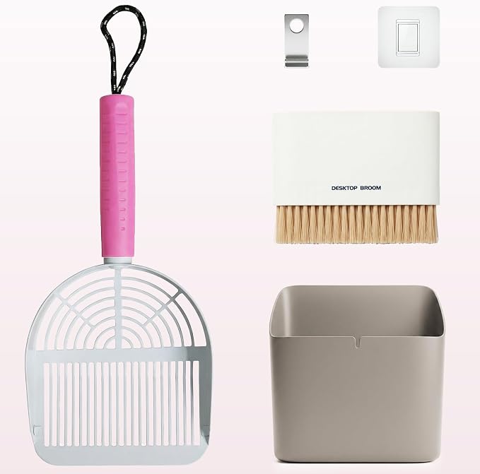 Cat Litter Scoop with Holder, 3 in 1 Metal Kitty Scooper | Heavy Duty Deep Litter Sifter with Dustpan & Mini Broom, Dual Coarse & Fine Grid, Quick Sift, Universal for All Cat Litter