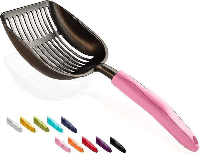 Cat Litter Scoop, Non-Stick Plated Aluminum Alloy Sifter, Kitty Durable Metal Scooper, Deep Shovel, Long Handle, Kitten Pooper Lifter, Size Medium, Coated Black Body with Pink Handle