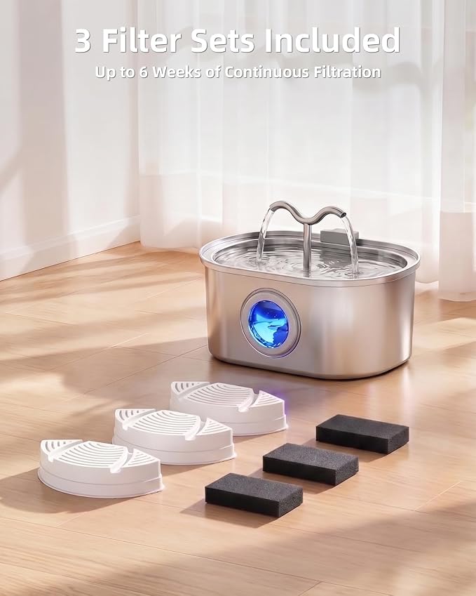 Stainless Steel Cat Water Fountain, 108oz/3.2L Pet Water Fountain for Cats Indoor, with Dual Spouts for Multiple Cats, Ultra-Quiet Automatic Dog Water Dispenser, 3 Replacement Filters Included