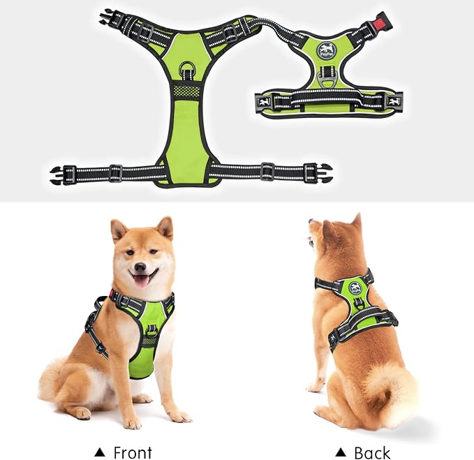 PoyPet No Pull Dog Harness Large with Front Clip & Neck Release Buckle | No Choke, Adjustable Vest, Reflective, Back Clip, Lockable, Soft Padded, Easy Control Handle for Walking Training, L, Green