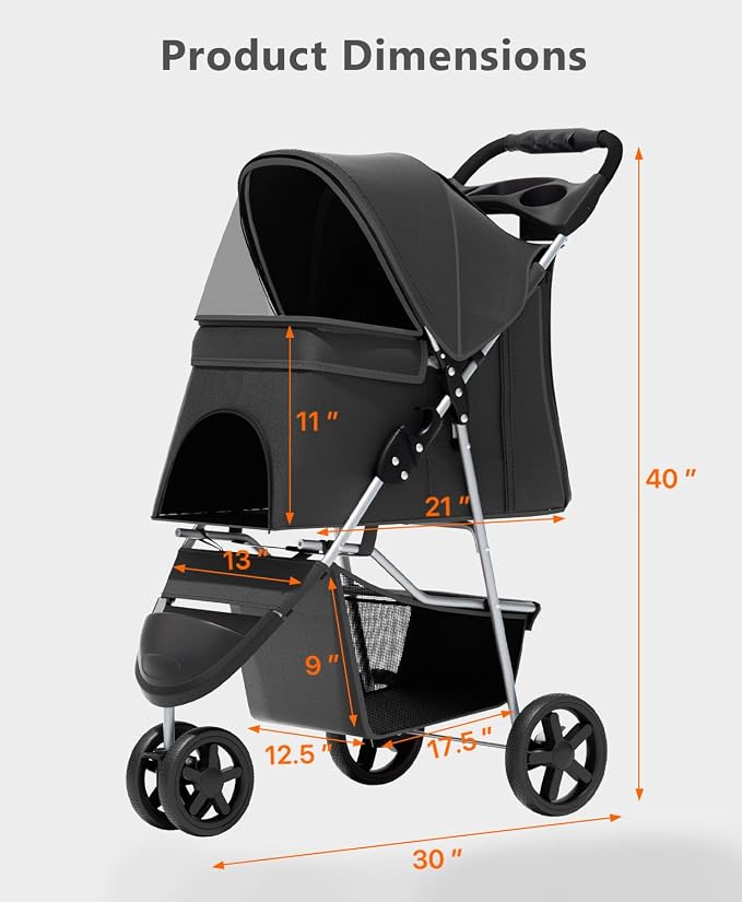 OS MOTOR 3 Wheels Pet Stroller for Small Medium Pets, Black | Foldable Carrier Jogger, Rear Wheel Breaks, Storage Basket, Visible Mesh Weather Cover, Portable, Dog, Cat, Puppy, Kitty