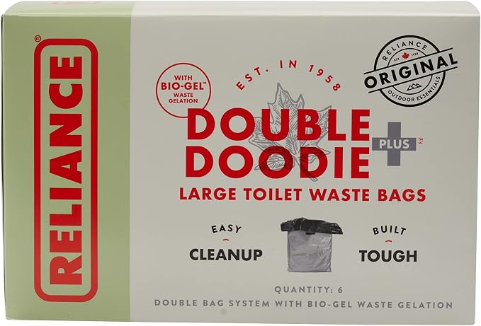 Reliance Products Double Doodie Plus with BIO-Gel | Large Portable Toilet Waste Bags | Family-Sized 6 Pack, Gray, 9.2 Inch x 4.9 Inch x 6.0 Inch | camping-sanitation-supplies