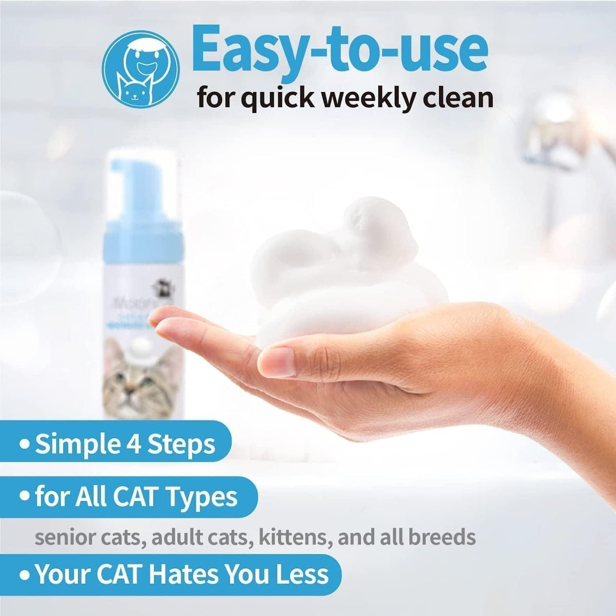Mooncat Waterless Cat Shampoo, 100% Licking Safe & Vet Approved No Rinse Dry Bath Foam - Gentle Deodorizer for Short Haired Cats, Seniors & Kittens - Soothes Sensitive Skin, Reduces Dander & Odor