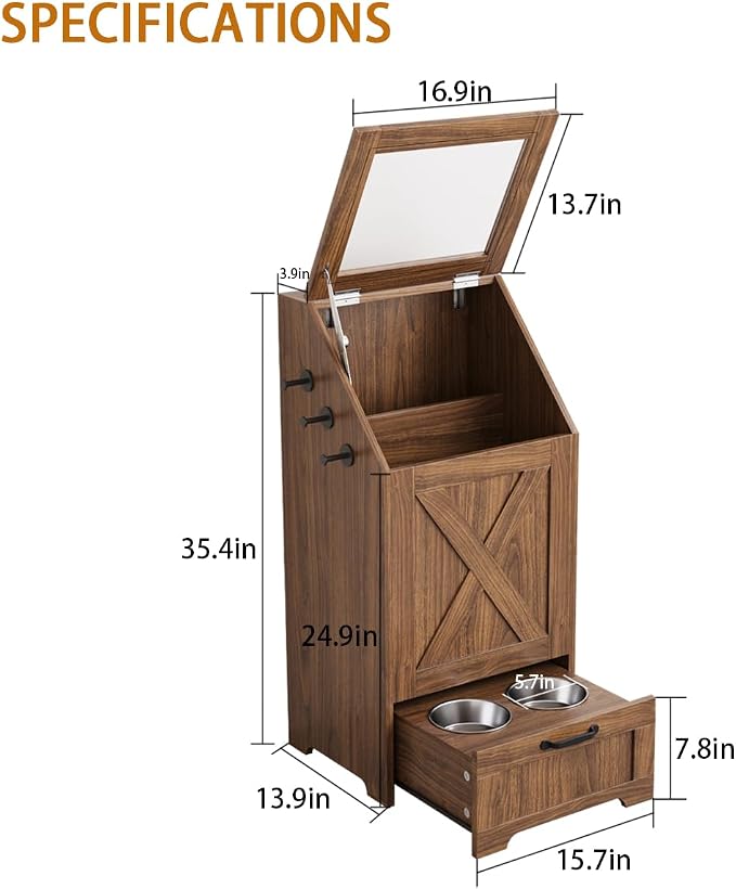 Dog Feeding Station with 2 Elevated Bowls, Dog Food Storage Cabinet with Pet Toy Organizer and Flip Top Pet Feeding Station,Hidden Pet Feeder Station for Cats and Dogs(Walnut)