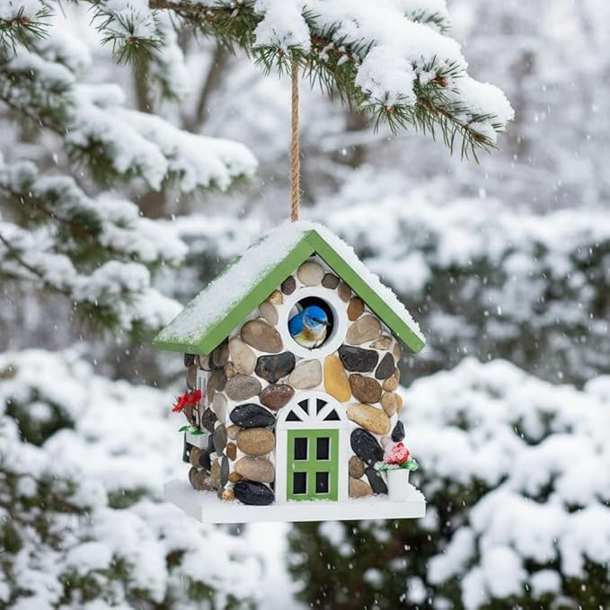 Masterpiece Bluebird House for Outside Clearance,Hanging Bird House for Outdoor, Stone Villa, River Pebbles Birdhouse for Outside, Garden Statue Solid Wood Longtime Lasting, Post Pole Mountable