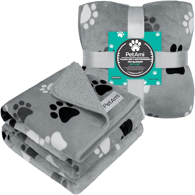 PetAmi Waterproof Dog & Cat Blanket, Pee Proof for Couch, Reversible, Soft Fleece, Washable, 29x40 Paw Gray