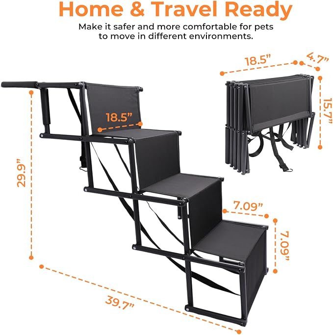 Dog Stairs for Large Dogs,4-Step Foldable Dog Ramp for Car with Non-Slip Surface & Oxford Fabric,Portable & Lightweight Pet Stairs for SUV,Truck,Bed & Couch,Supports up to 132 lbs (Black)