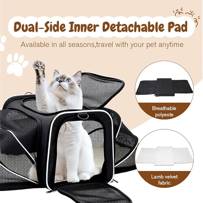 Double Expandable Cat Carrier,Airline Approved Soft-Sided Pet Travel Carrier for Small Dogs Cats Under 15 lbs,Waterproof 600D Oxford Fabric with Washable Replacement Liner,Odor-Free & Claw-Proof Black