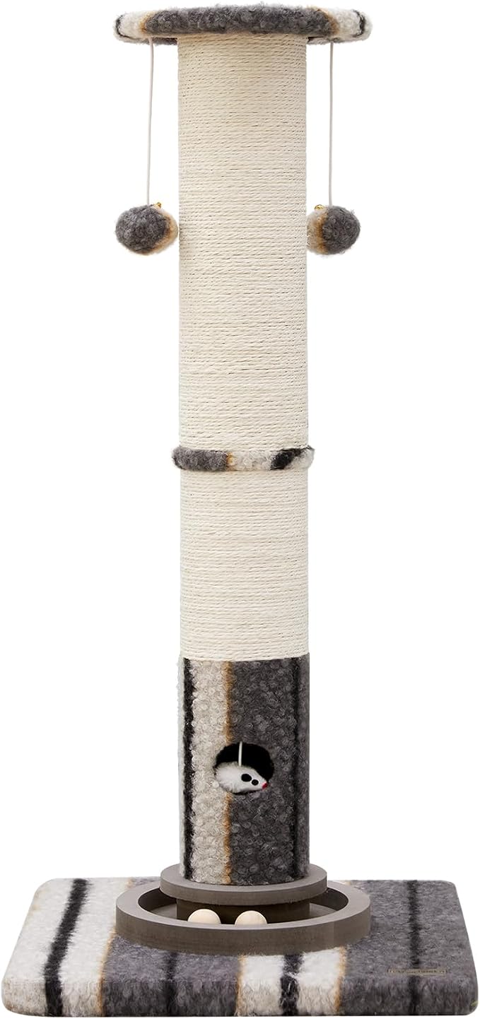 Woochpet Cat Scratching Post 34 Inch Tall Heavy Duty Sisal Scratcher with Interactive Track Mouse Toy Condo Top Jingle Balls for Indoor Kittens,Grey