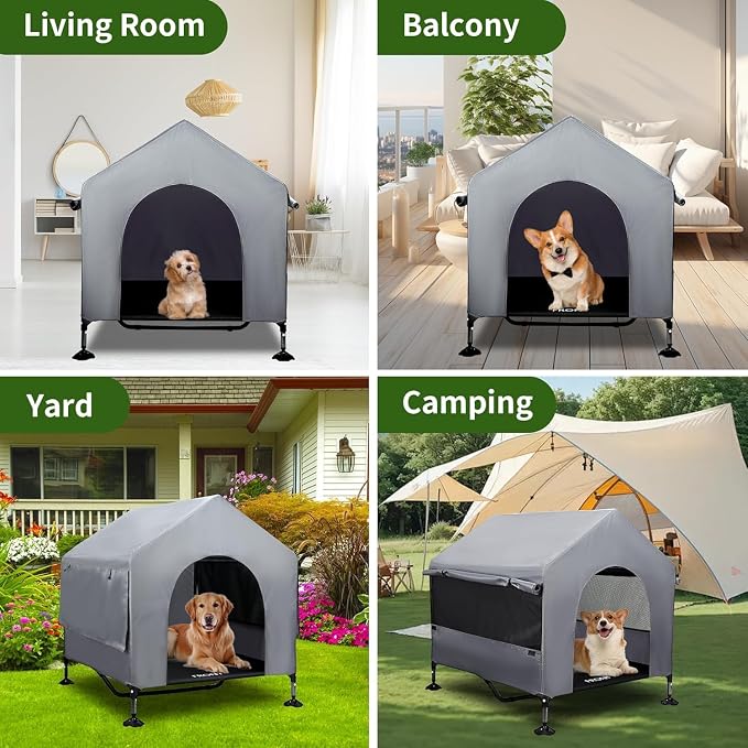 Summertrail 42" Large Dog House Outdoor Indoor Elevated Dog Cot Tent Shade | Dog Shelter with Breathable Mesh Windows, Non-Slip Feet, Easy Install, Waterproof Canopy Dog Kennel for Outside, Easy Clean