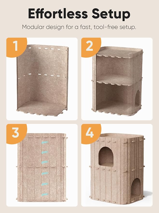 FUKUMARU Cat House for Indoor Cats, Warm Felt Cat Bed, Scratch Resistant | Large Cat Bed Cave, 3-in-1 Cat Condo, Cozy Felt Covered Cats Tunnel, 23.62 Inch Kitten Hideaway for Multicats, Beige