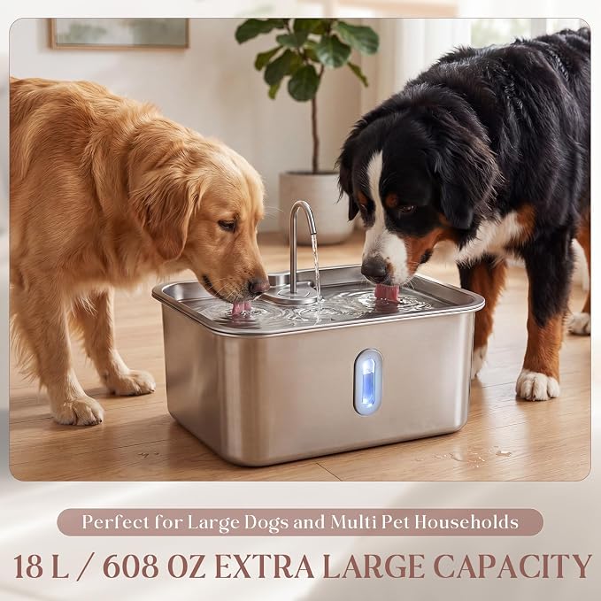 18L/4.76 Gal Extra Large Dog Water Fountain Stainless Steel Quiet Pet Automatic Water Fountain for Large Dogs with Deeper Wider Drinking Bowl and Visible Level Window for Multi-pet Household
