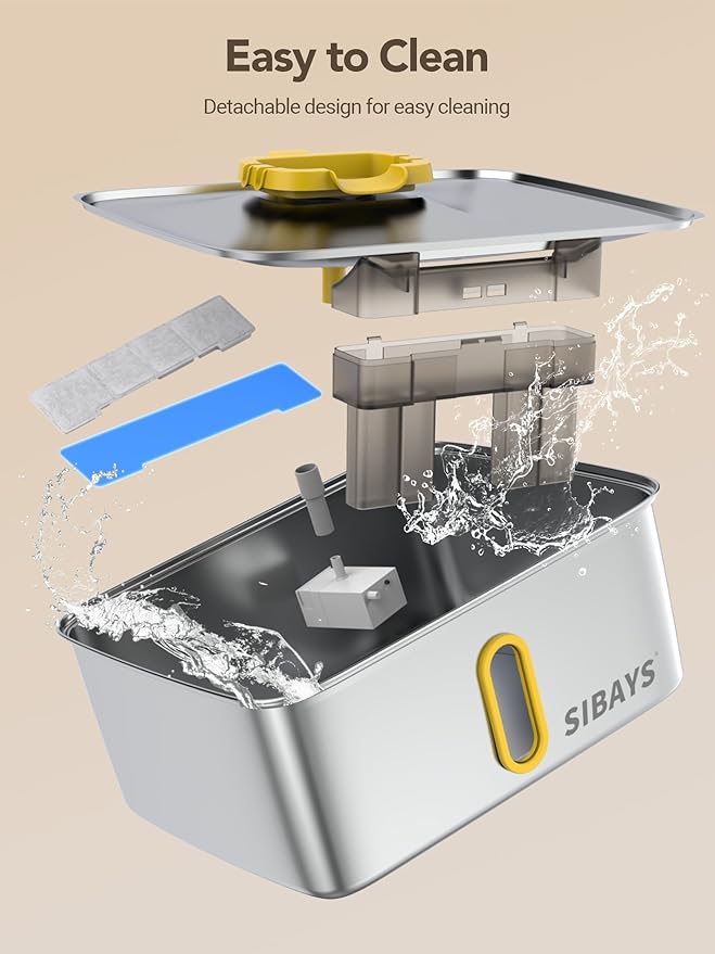 SIBAYS 4Gal/15L Stainless Steel Large Dog Water Fountain, Ultra Quiet Automatic Pet Water Fountain, Dog Water Bowl Dispenser with Water Level Window and LED Light, Easy to Clean(FS78, Silver-Yellow)