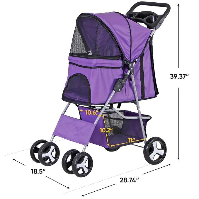 Pet Stroller for Medium Small Dogs - Easy to Walk Folding Travel Carrier Strolling Cart with Cup Holder, Weather Cover and Storage Basket (Purple)