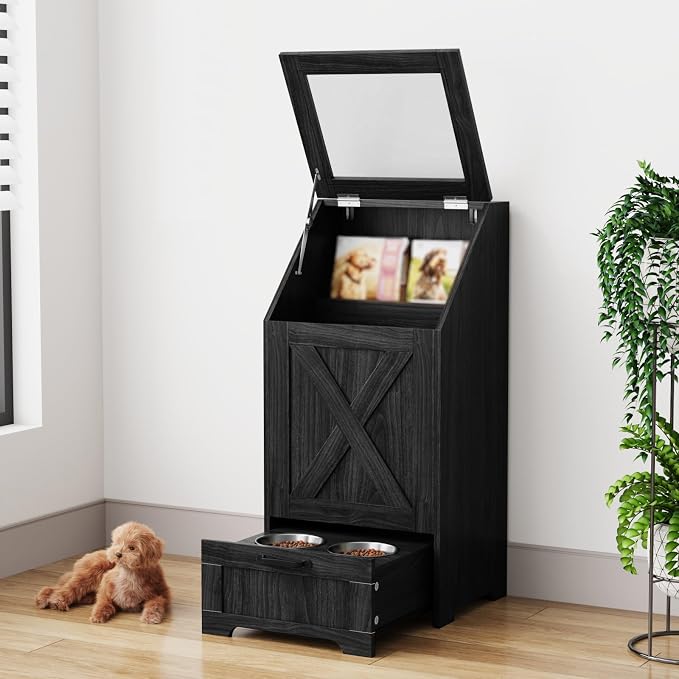 Black Dog Feeding Station with Storage & Bowls | Pet food cabinet, 2 elevated bowls, 3 hooks, glass flip cover, anti-tipping device, for dogs.