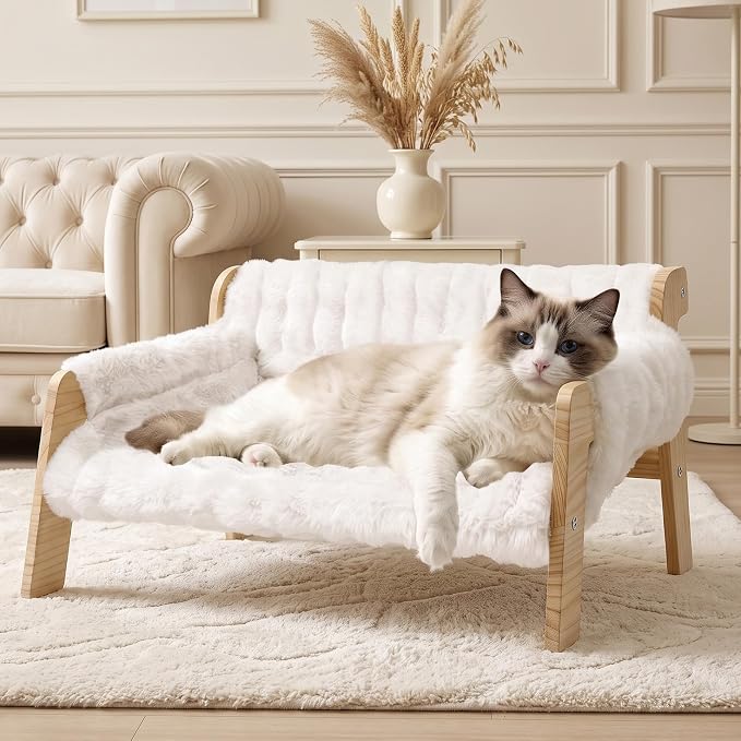 homegroove Elevated Cat Couch Bed, Wood Cat Sofa for Indoor Cats, White | 27"L x 18"W x 11.8"H, solid wood cat bed with removable washable cushion, available in white and gray, for cats & small dogs