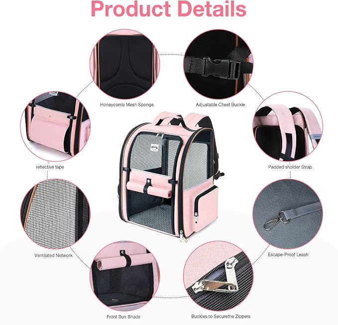 Large Cat Backpack Carrier Expandable Foldable Pet Carrier Backpack for Small Dogs Puppy Medium Cats Fit Up to 18 Lbs for Travel, Hiking,Pink