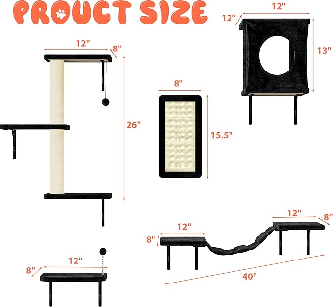 5 Pcs Cat Wall Shelves Set, Wall-Mounted Climber with Cat House, Scratching Post, Bridge, Hammock, Space-Saving Play Furniture, Black