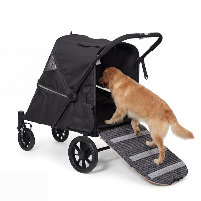 LAUSAINT HOME 4 Wheels Pet Stroller, Foldable Oversized Dog Stroller for Medium & Large Dogs with Built-in Access Ramp, Lightweight Dog Cat Carrier with Breathable Mesh Cover, Khaki