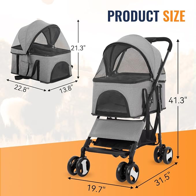 FDW 3 in 1 Multi-Function Dog Jogger with Detachable Carrier, Lightweight Travel Stroller for Small and Medium-Sized Pets (Grey, 4 Wheels)