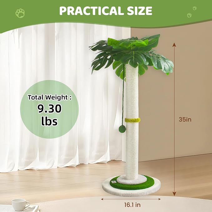 Meowoou Cat Scratching Post for Space-Saving,35β Tall Modern Monstera 3 Layer Cat Tree Tower with Sisal Rope Hanging Interactive Ball for Indoor Cats and Kitten Climbing,Play & Rest
