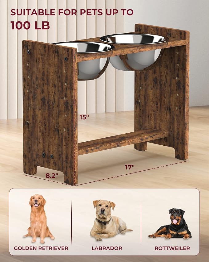 Elevated Dog Bowls, Adjustable Bowl Stand Large/XLarge, Rustic Brown | Particle Board Raised Dog Bowl Stand with 2 Stainless Steel Bowls for Large and Extra-Large Dogs