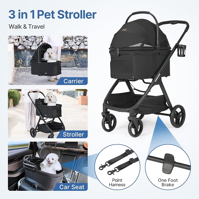 X-5 Pet Stroller for Medium Pets Up to 55 lbs, Black | Adjustable Handle, Detachable Carrier, Convertible Car Seat, One-Touch Fold, All-Terrain Wheels, 3-in-1 Design