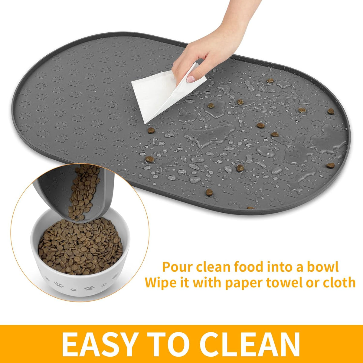 KPWACD Pet Placemat for Dog and Cat, Anti-Slip Waterproof Dogs Feeding Bowl Mat Prevent Food and Water Overflow, Silicone Puppy Dish Mats Suitable for Small Medium Big Pets, Grey, 24" * 16"