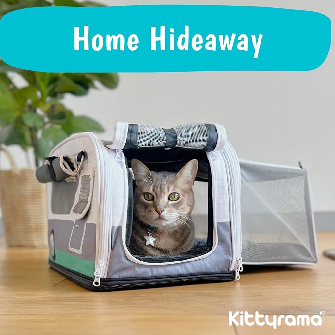 Kittyrama Soft-Sided Airline Approved Cat Carrier with Expandable Hideaway | Escape-Proof SBS Self-Locking Zippers | 22 lb Capacity | Vet Approved | Top & Side Entry | 17×11×11 in