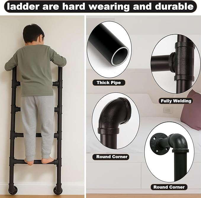 3/4/5/6/7/8FT Safety Wall Mounted Steel Ladder - 2-Rung Pipe Egress Ladder for Window Well, Loft, Warehouse, Blanket Rack | Indoor & Small Space Use