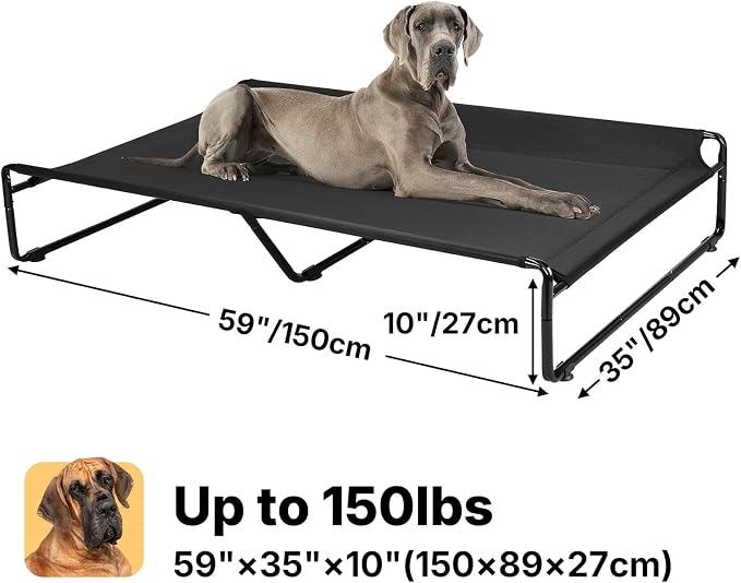 Veehoo Outdoor Elevated Dog Bed, Cooling Raised Dog Beds for Large Dogs | Washable Dog Cot with Headrest Sides, Non-Skid Feet, Breathable Mesh, Cooling Pet Hammock for Indoor or Camping, 59", Black