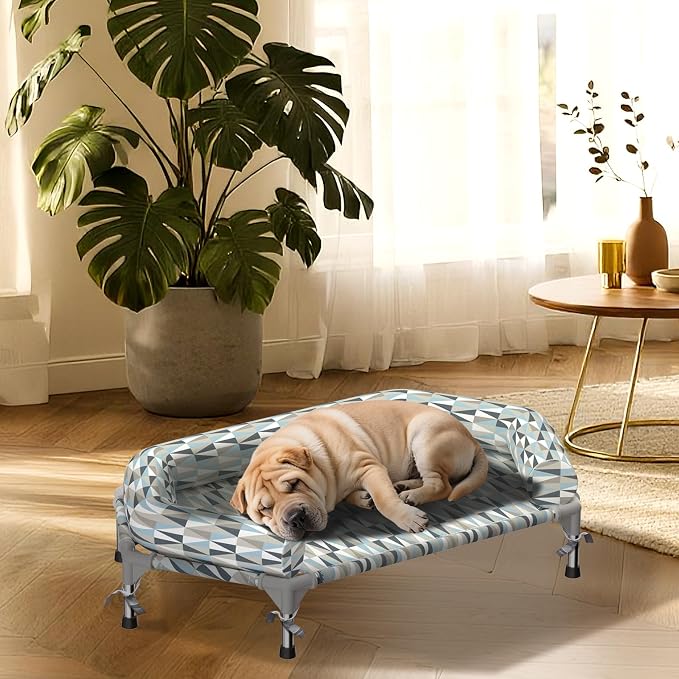 Elevated Dog Bed with Bolster, Raised Cooling Orthopedic Dogs Cot Medium | Hexagon Outdoor Dog Bed with Metal Frame for Up to 80 lbs, Portable Dog Hammock for Patio Camping, Breathable, Off the Ground