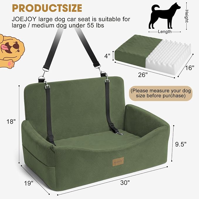 JOEJOY Dog Car Seat for Large Medium Sized Dogs Under 55 lbs, Dog Booster Seat for 2 Small Dogs with Detachable Washable Cover, Memory Foam Pet Car Seat with 2 Safety Belts and Storage Pockets