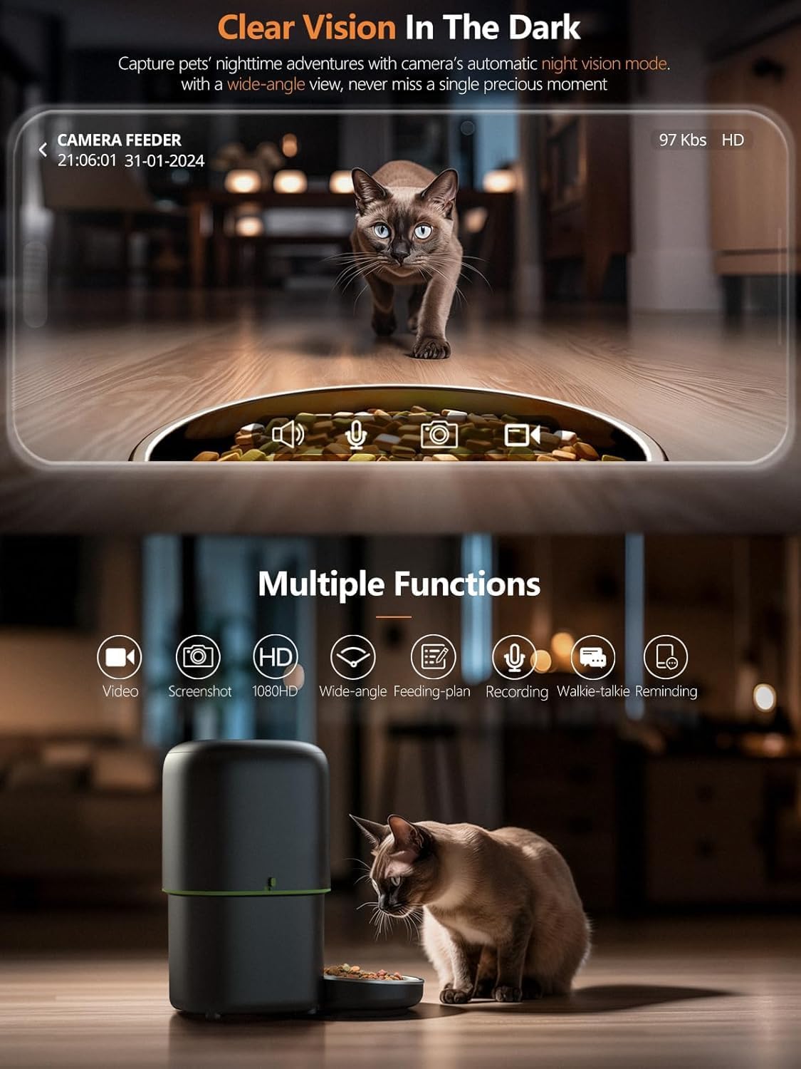 Automatic Cat Feeder with Camera - 5G WiFi Auto Cat Food Dispenser, 1080P HD Video with Night Vision, 1-15 Meals, 1-99 Portions, 2-Way Audio, Keeps Food Fresh, 4L Timed Pet Feeder Also for Dogs