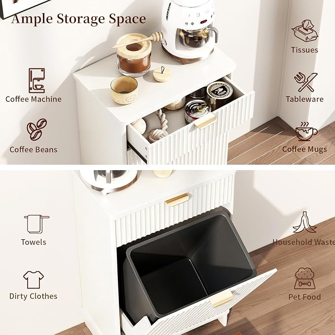 Dog Feeding Station,Dog Food Storage Cabinet,Pet Feeding Station with 2 Elevated Bowls,Hidden Pet Feeder Station with Hooks (Tilt-Out Dog Feeding Station-White)