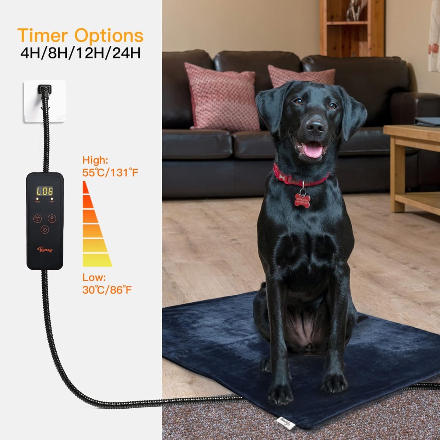 Toozey Pet Heating Pad, 6 Adjustable Temperature Heated Cat Bed with Timer, Waterproof Electric Heated Mat for Dogs and Cats, Chew Resistant Cord, Safe Indoor Use, 18x16in