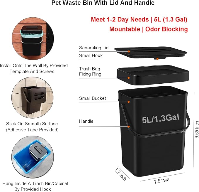 Dog Waste Station for Home Outdoor or Indoor Poop Bag Dispenser Wall Mountable Waste Basket, 120 Count Pickup Bags 15 Trash Bags (Small Bucket + Dispenser + Bags)