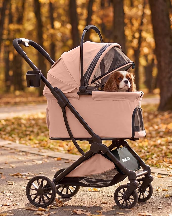 Pet Stroller with Detachable Carrier for Small & Medium Dogs & Cats, Smooth Comfort Ride with Shock-Absorbing Suspension, Foldable Dog Stroller, Compact Storage (Peach Pink)
