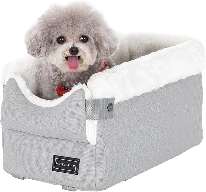 PETSFIT Small Dog Car Seat with Washable Cushion, Soft Pillow, Safety Leash | Dual Seat-rail Hooks with Adjustable Straps Help Reduce Shifting, Console Dog Car Seat for pets Under 8 lbs, Light Grey