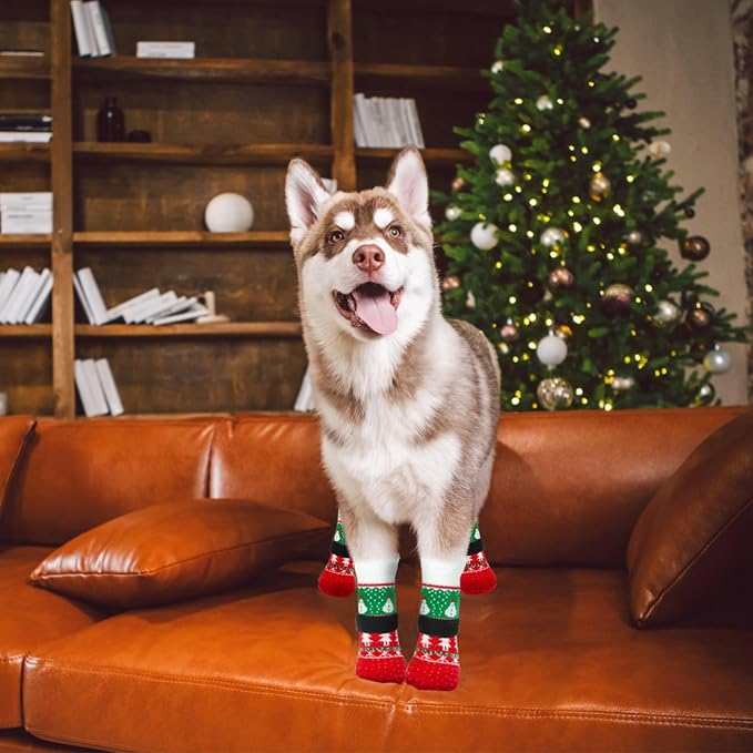 EXPAWLORER Christmas Anti-Slip Soft Dog Socks for Hardwood Floor,Warm Dog Shoes,Paw Protectors for Cold Pavement,Prevent Licking,Traction Control for Small Medium Large Senior Dogs