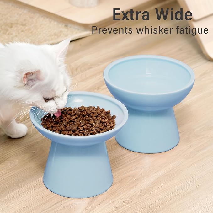 CEEFU Extra Wide Elevated Ceramic Cat Water Bowl - 6.2" Deeper Dish for Whisker Fatigue Relief, 5" Height for Easy Feeding, Lead & Cadmium Free, Durable Raised Cat Bowls, Blue