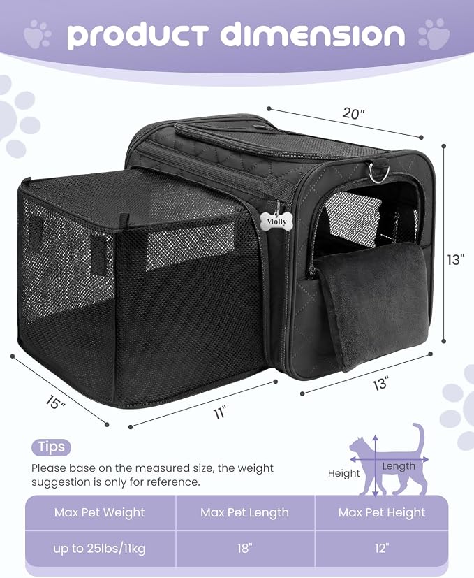 MIDOG Cat Carrier Soft for Small-Medium Cats Up to 25lbs, Airline Approved | Expandable Square Design,Comfort & Breathable Window,Equipped with anti-slip lock zippers and an internal safety leash
