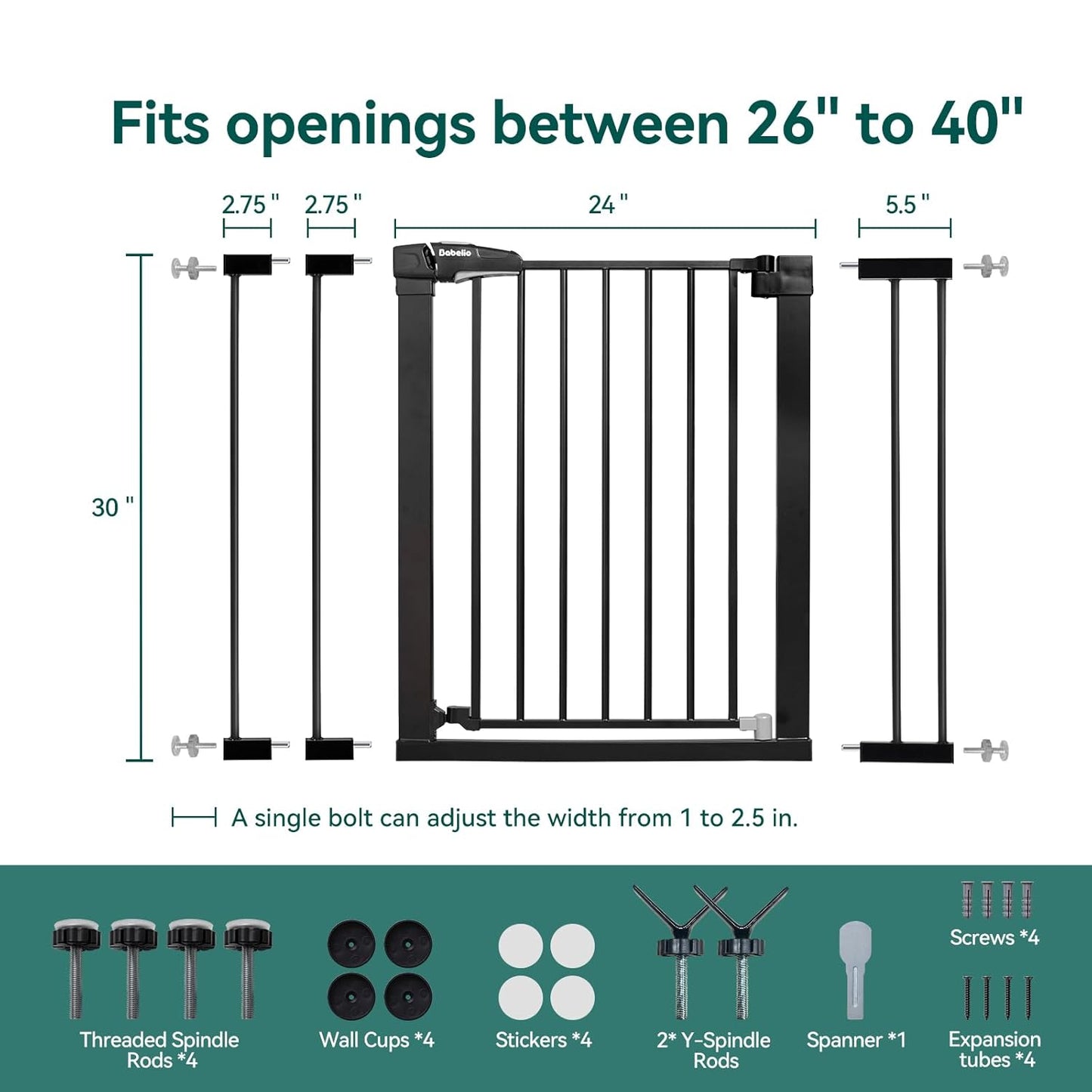 Babelio Baby Gate for Doorways and Stairs, 26-40" Auto Close Dog Gate, Easy-Install Pressure Mounted Satey Door, No Drilling Safety Gate for Child and Pets, Pressguard, Black