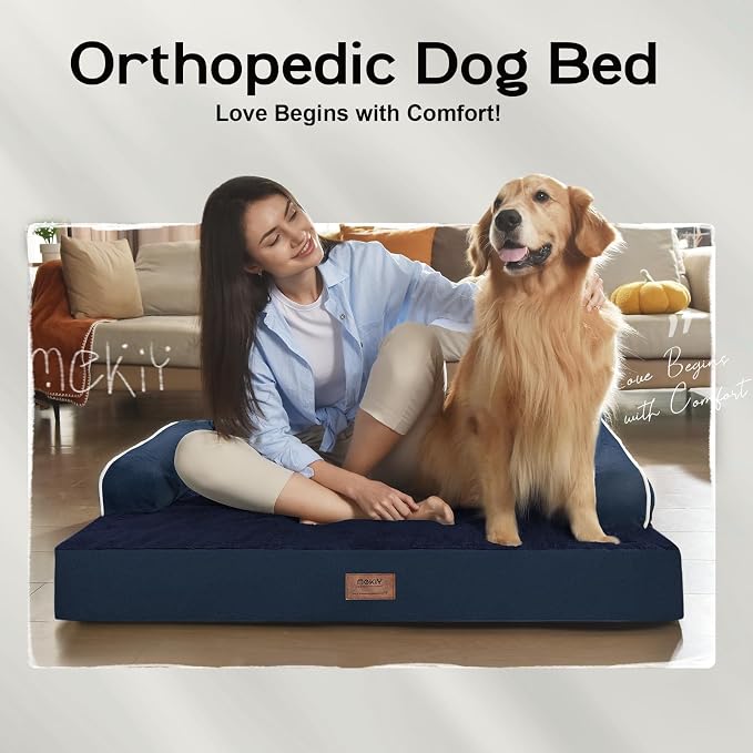 Orthopedic Waterproof Dog Bed with Bolster for Extra Large Size Dogs | Pillow Support for Neck Relief, Egg Crate Foam, Waterproof Liner, Anti-Slip Bottom, Removable Bolster Cover, 48 x 33 Inch