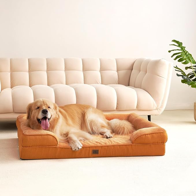 EHEYCIGA Orthopedic Extra Large Dog Bed, Waterproof Washable XL Pet Bed 44" | Non-Slip Bottom and Egg-Crate Memory Foam Big Dog Couch Bed with Washable Removable Cover, Pumpkin Orange, 44Inch