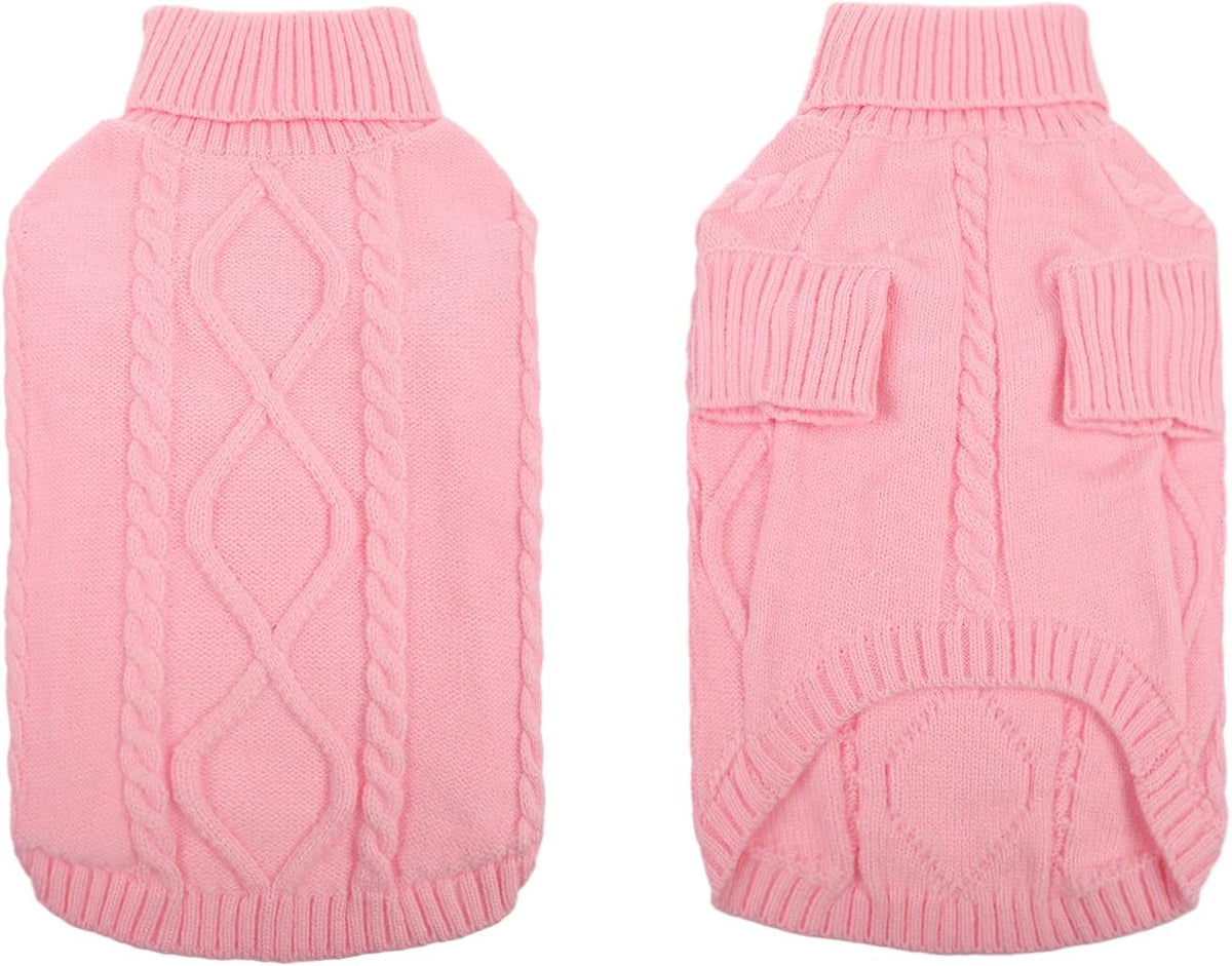 Queenmore Small Dog Pullover Sweater, Cold Weather Cable Knitwear, Classic Turtleneck Thick Warm Clothes for Chihuahua, Bulldog, Dachshund, Pug, Yorkie (Pink, Large)