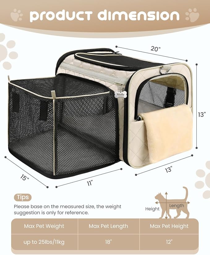 MIDOG Cat Carrier Soft for Small-Medium Cats Up to 25lbs, Airline Approved | Expandable Square Design,Comfort & Breathable Window,Equipped with anti-slip lock zippers and an internal safety leash
