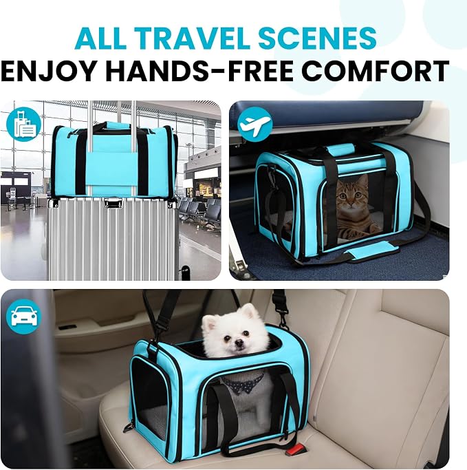 Soft-Sided Cat Carrier Expandable Pet Carrier Airline Approved Mesh Travel Carrier Up to 15lbs for Cats Small Dogs Collapsible Escape-Proof with Shoulder Strap Washable (18x11x11 Blue)