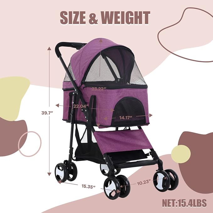 Dog Stroller 3-in-1 Folding Dog Stroller for Medium Small Dogs Pet Stroller Cat Stroller 4 Wheels with Detachable Carrier Storage Basket Waterproof Lightweight for Travel,Purple